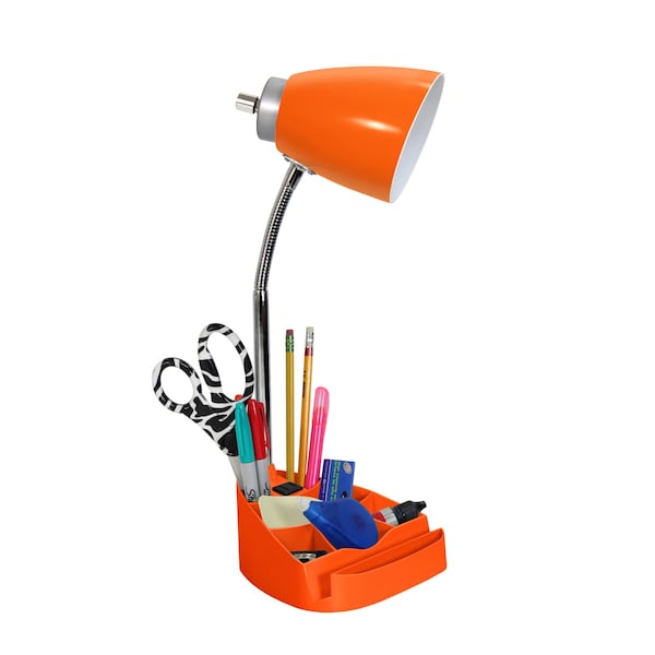 Gooseneck Organizer Desk Lamp With Holder And Charging Outlet, Orange